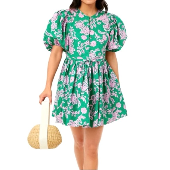 Xirena Aurie Green & Pink Puff Sleeve  Floral Mini Dress - Picture 1 of 16